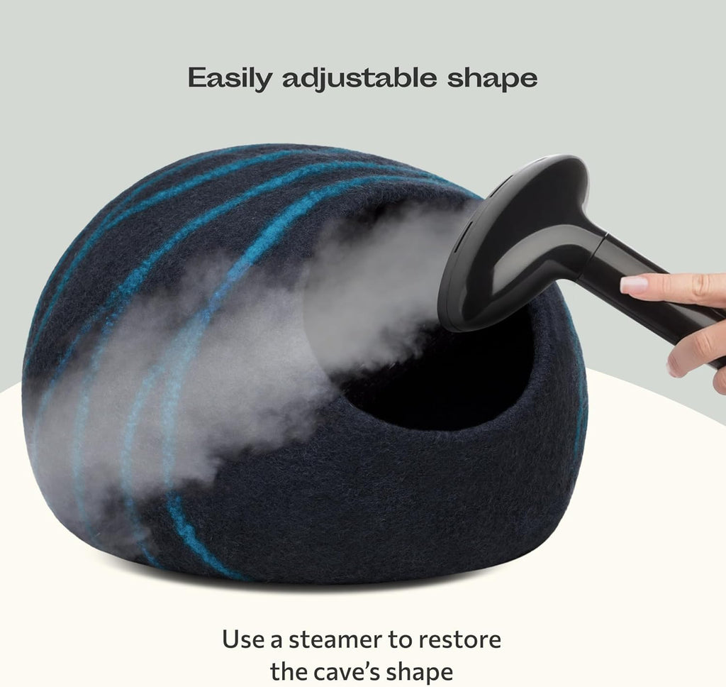 Cat Cave – Premium Felt Cat Bed for Indoor Cats, Handmade 100% Merino Wool (Large, Black Aqua)